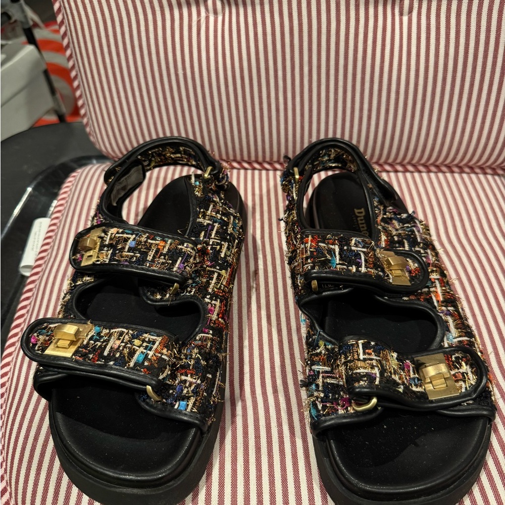 Dune London Quilted Multicolor Plaid Black Sandals | Size 39 (US 8.5–9)